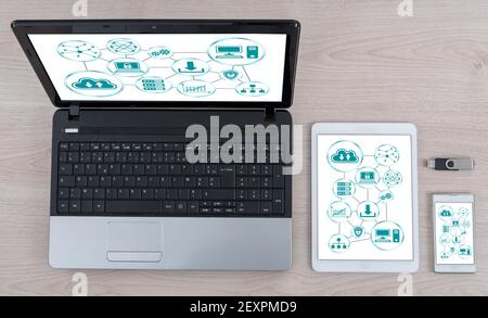 Cloud networking concept shown on different information technology devices Stock Photo