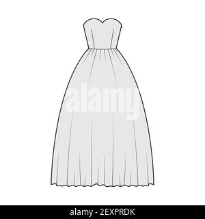 Crinoline dress technical fashion illustration with strapless sweetheart neckline, long floor length, full skirt. Flat apparel template front, grey color style. Women, men unisex CAD mockup Stock Vector