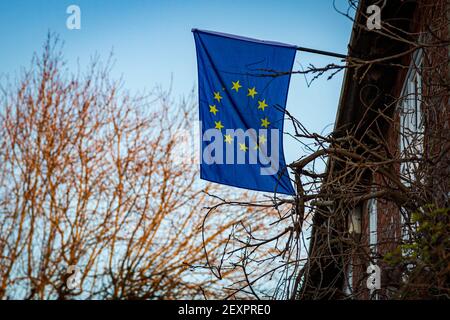 Salisbury, UK. An EU flag flies in Salisbury as the sun rises. Photographer Credit: Matthew Lofthouse. 05/02/2021. Stock Photo