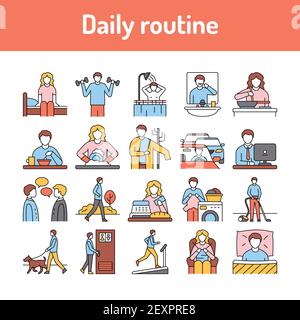 Everyday routine line icons set. Isolated vector element. Outline pictograms for web page, mobile app, promo. Editable stroke. Stock Vector