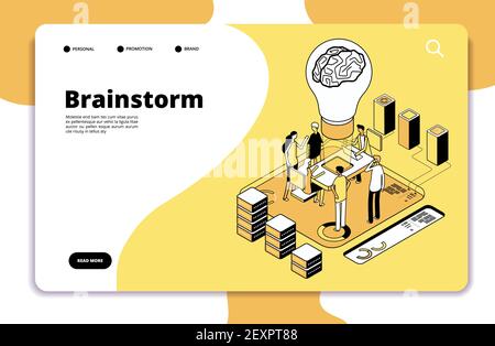 Brainstorm landing page. Business people launching new project and brainstorming. Innovation teamwork creative vector concept Stock Vector