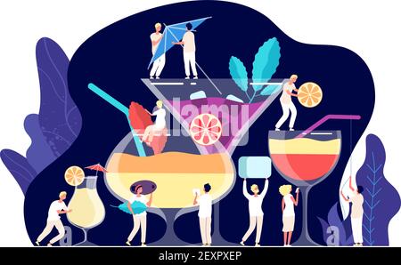 Cocktail concept. Tiny people, bartenders make cocktails, tropical beverages. Trendy restaurant drinks, drinking time vector clipart Stock Vector