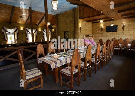Interior of the banquet room of the restaurant, medieval castle style. August 5, 2019. Kiev, Ukraine Stock Photo