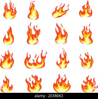 Cartoon fire flame. Fires comic images, bonfire flaming ignition, evil hell blaze. Hot temperature and fever icons flat vector set Stock Vector