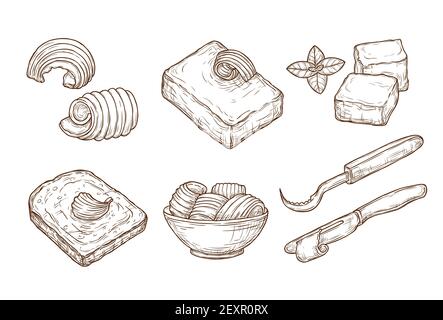 Sketch butter. Closeup cutting margarine block, fresh bread and knife. Vintage hand drawn culinary cooking vector set Stock Vector