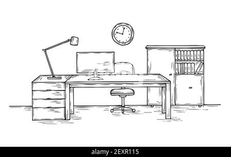 Hand drawn office. Sketch desk with chair computer and lamp. Home officer room interior vector background Stock Vector