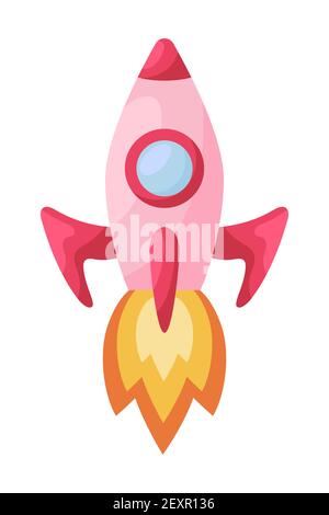 Cute pink-red rocket with fire on white background. Cartoon transport for kids cards, baby shower, birthday invitation, house interior. Bright colored Stock Vector
