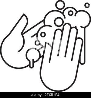 Washng hands with frothy soap vector line icon Stock Vector
