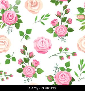Roses seamless pattern. Red, white and pink roses with leaves. Wedding floral romantic decor for invitation cards. Vector texture Stock Vector