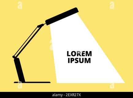 Office desktop lamp. Table lamp black silhouette with ray on yellow background. Creative idea and invention business vector concept Stock Vector