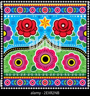 Pakistani and Indian truck art vector design with roses, star flowers, Diwali colorful pattern Stock Vector