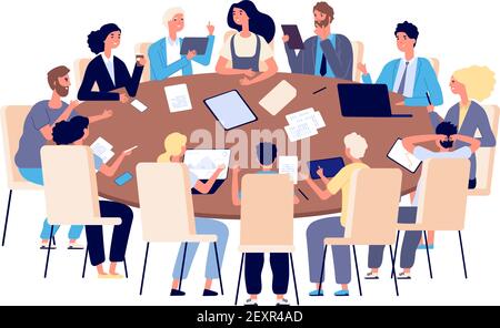 Meeting at table. People discussing ideas and problems in office. Teamwork, brainstorming and business conference vector concept Stock Vector