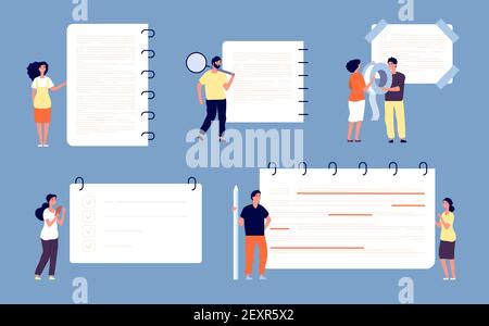People write notes. Tiny men and women with huge notebook sheets, office supplies and checklist vector concept Stock Vector