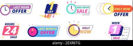 Sale countdown badges. Last day, hour and minute offer labels with clock icons. Big deal limited sale announcement stickers vector set Stock Vector