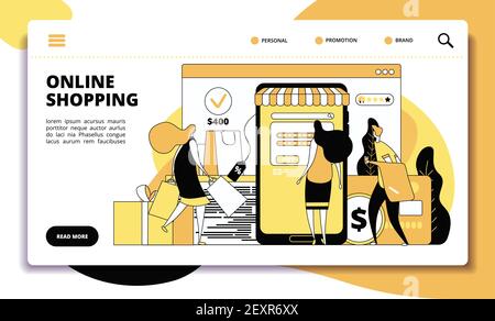 Online shopping landing page. Ecommerce sales, people with smartphone doing internet payment in on-line store. Website vector concept Stock Vector