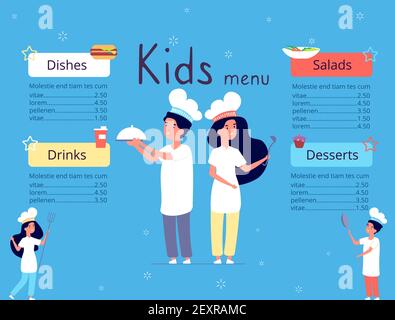 Kids menu. Children in chef hat cooking food in kitchen. Restaurant brochure cover cartoon vector design template. Child menu, childish chef cooking in restaurant illustration Stock Vector