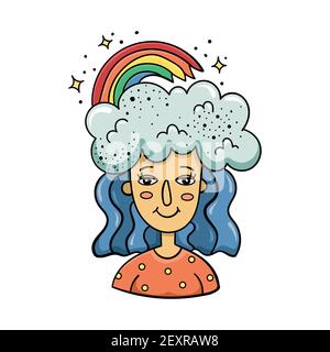 Doodle illustration of a magical girl with clouds and a rainbow on her head. Cartoon illustration. Stock Vector