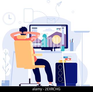 Graphic designer concept. Man at computer works at home office with graphic editor app on monitor and makes design. Vector background. Illustration designer job, freelance workplace Stock Vector