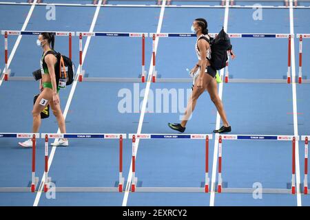 Belgian Nafissatou Nafi Thiam pictured before the start of the 60m hurdles race of the women pentathlon event of the European Athletics Indoor Champio Stock Photo