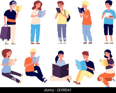 Kids with book. School girls and boys read books. Pupils with textbooks. Little readers isolated vector cartoon characters. Illustration boy and girl read book, reading schoolchild Stock Vector
