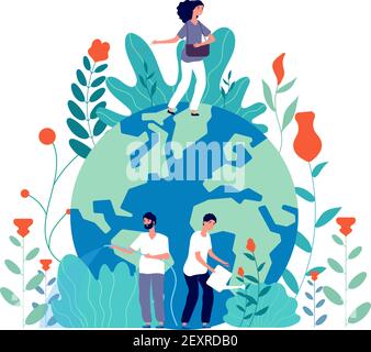 People take care earth. Volunteers cleaning green planet, planting and watering flowers, globe ecological idea, poster vector concept. Illustration ecology world, nature planet and volunteering Stock Vector