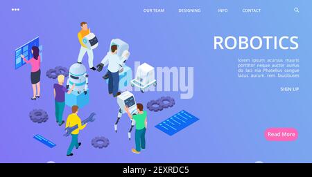Isometric robotics landing page. People building robots and develop software vector banner. 3d robot programming and engineering illustration Stock Vector