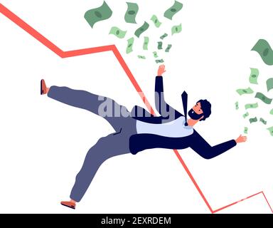 Financial crisis concept. Businessman falling down with financial chart and losing money. Bankruptcy and recession vector. Illustration businessman crisis, financial problem, shareholder going to down Stock Vector