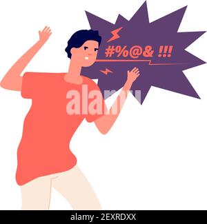 Man expressing anger. Irritated character, angry screaming man. Aggressive frustrated person swears in face, vector concept. Person angry, anger young stress expression illustration Stock Vector