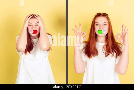 Two minds. Mood switch on female face. Happy and angry, splitting personality. Modern interface and human emotions. Contemporary artwork, facial expression in tech world. Digital emoji portrait. Stock Photo