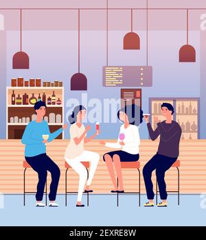 Friends in pub. Men and women drink alcohol shots and make toast. People talking and relaxing in bar vector cartoon concept. Illustration pub drink man and woman Stock Vector