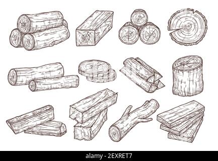 Sketch lumber. Wood logs, trunk and planks. Forestry construction materials hand drawn isolated vector set. Illustration wood timber, trunk tree cut Stock Vector