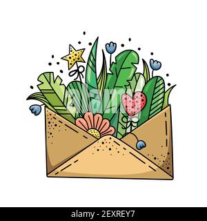 Doodle illustration with wildflowers in an envelope. Flower arrangement, template for design. Stock Vector