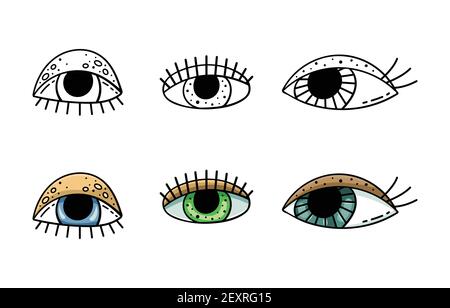 Set of doodle illustrations of cartoon eyes. Beautiful eyes with lashes. Stock Vector