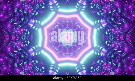 Neon tunnel with repetitive ornament 3D illustration Stock Photo