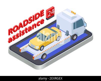Road assistance concept. Isometric tow truck. Online roadside assistance, car service mobile app. Auto assistance, vehicle service roadside illustration Stock Vector