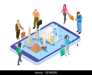 Travel concept. Different landmarks on world map. Isometric travellers, online booking tickets, vouchers. World travel isometric, building statue illustration Stock Vector