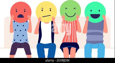 Customer feedback. People holding emoticons with different emotion. Clients review, social media comment marketing vector concept. Illustration feedback customer and review, social positive rating Stock Vector