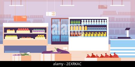 Supermarket interior. Empty shopping retail hall with food on shelves and refrigerator. Consumerism in grocery store vector concept. Hall interior retail with food for shopping illustration Stock Vector