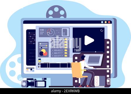 Video editor concept. Multimedia content production and footage editing. Making web page shoot, studio filmmaking vector design. Illustration production film, video content, making and shooting Stock Vector