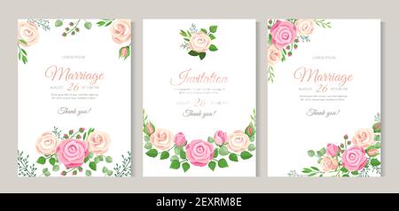 Wedding card with roses. Red, white and pink roses with leaves. Wedding floral romantic decor for invitation cards. Vector templates illustration invitation to wedding, greeting romantic poster Stock Vector