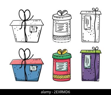 Doodle illustrations of beautiful gift boxes. A gift packed in a beautiful box with a ribbon. Stock Vector