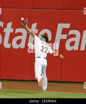 Miami Marlins right fielder Giancarlo Stanton catches a fly ball by Atlanta  Braves' Mallex Smith during the ninth inning of a baseball game, Friday,  April 15, 2016, in Miami. The Braves won