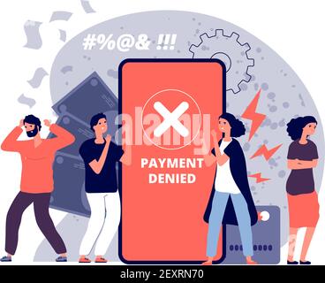 Payment error. Online card payments money transfer, check and reject web finances payment, customer cross marks failure vector concept. Illustration online card payment screen, transfer money error Stock Vector
