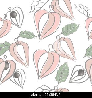 Winter cherry, cape gooseberry. Floral background with physalis, berries and leaves isolated on white background. Vector seamless pattern Stock Vector