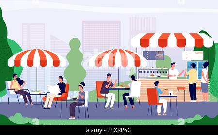 Summer outdoor cafe. People sitting at table in street cafe, drinking and eating fast food lunch. Summer restaurant vector concept. Illustration cafe summer outdoor, city restaurant Stock Vector