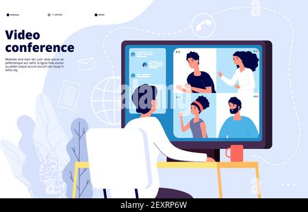 Video conference landing. People on computer screen taking with colleague. Videoconferencing and online meeting workspace vector page. Video conference online, business people illustration Stock Vector