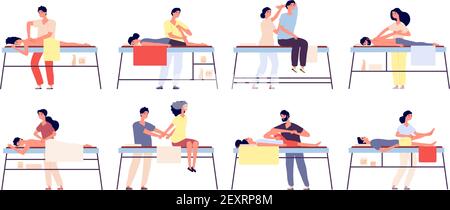 Massage therapy. Relaxing spa treatment, rehabilitation therapists and patients. Wellness relaxation men and women isolated vector set. Illustration massage body therapy, rehabilitation health Stock Vector