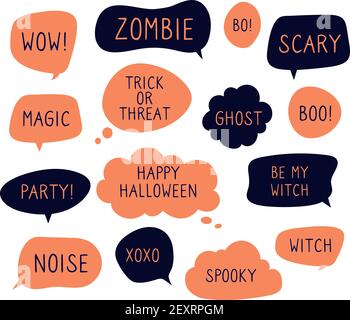 Halloween speech bubbles. Trick or threat, happy halloween, ghost and boo text in comic thinking bubbles. Vector set of halloween bubble message, sticker dialog with text illustration Stock Vector
