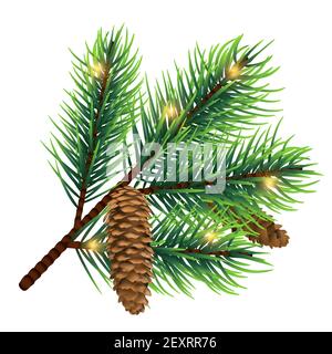 Vector realistic fir tree branch with cone and lights isolated on white background. Christmas light on green branch tree to greeting xmas illustration Stock Vector