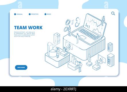Teamwork landing page. People working with diagrams. Data analysis and professional cooperation. Isometric vector business concept. Illustration business teamwork, isometric 3d web page Stock Vector